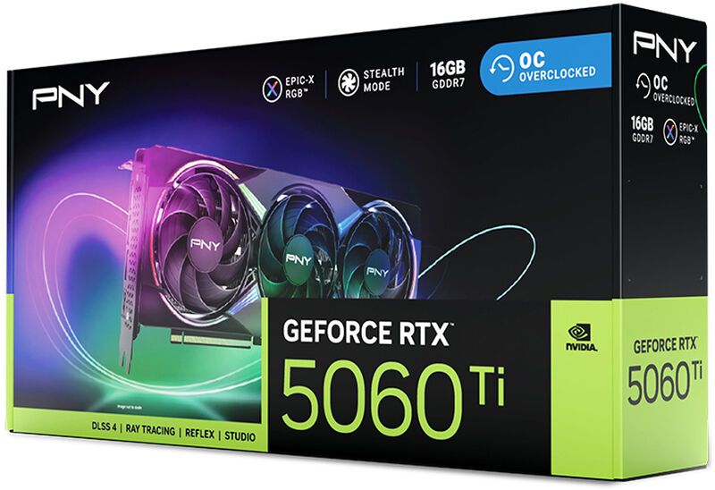 Overblikk av PNY RTX 5060 Ti Epic-X RGB OC grafikkort med vifter