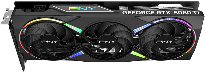 Nærbilde av RGB-belysning på PNY RTX 5060 Ti Epic-X RGB OC grafikkort