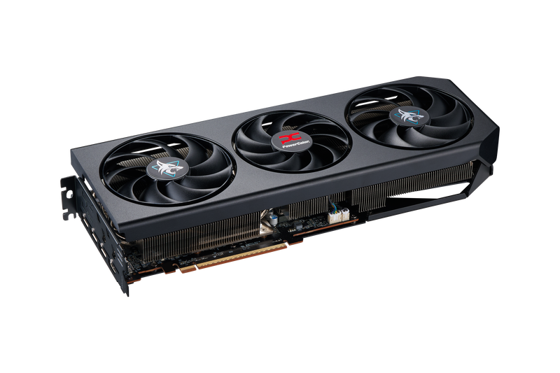 Nærbilde av PowerColor Hellhound RX 9070 XT OC grafikkorts RGB-belysning