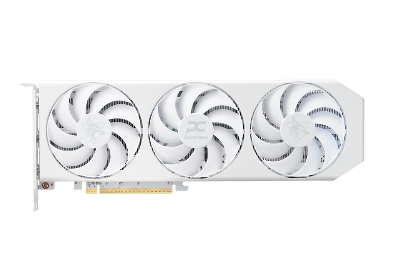 Detalj av PowerColor Hellhound Spectral White RX 9060 XT OC grafikkort RGB-belysning