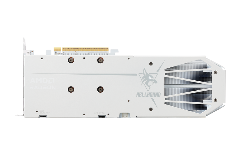 Sideprofil av PowerColor Hellhound Spectral White RX 9060 XT OC grafikkort