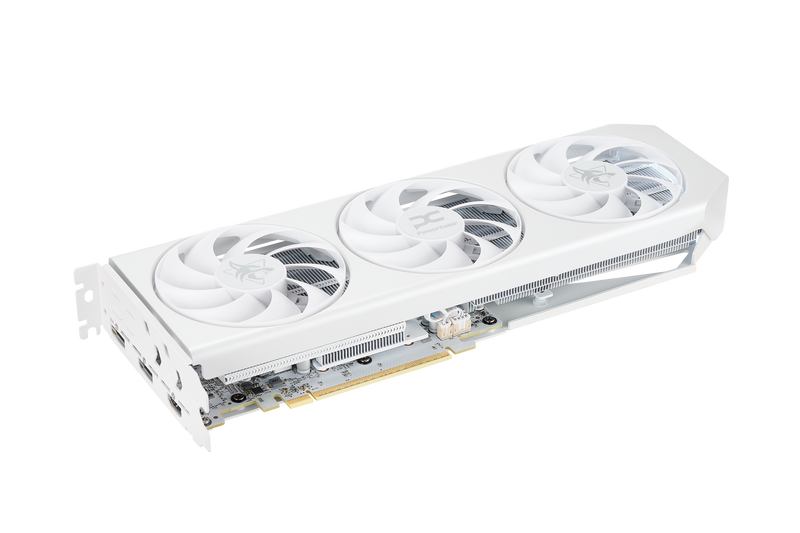Nærbilde av vifte på PowerColor Hellhound Spectral White RX 9060 XT OC grafikkort
