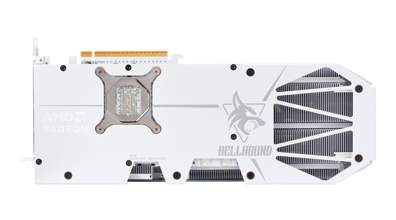 Nærbilde av PowerColor Hellhound Spectral White RX 9070 XT logo