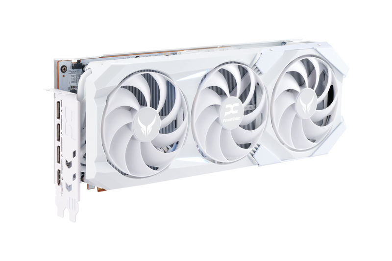 Detalj av kjølevifter på PowerColor Red Devil Spectral White RX 9070 XT