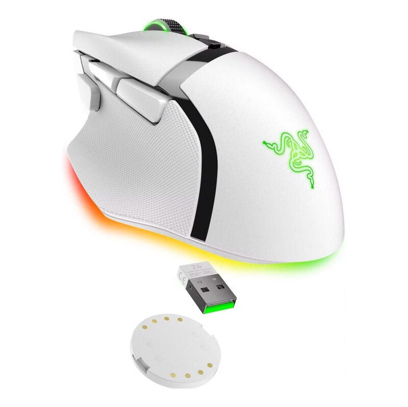 Nærbilde av RGB-belysning på Razer Basilisk V3 Pro 35K trådløs gamingmus RGB hvit