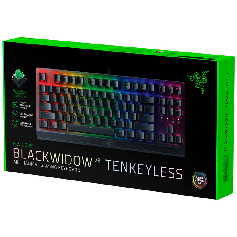 Detalj av RGB-belysning på Razer BlackWidow V3 TKL gamingtastatur Green Switch RGB