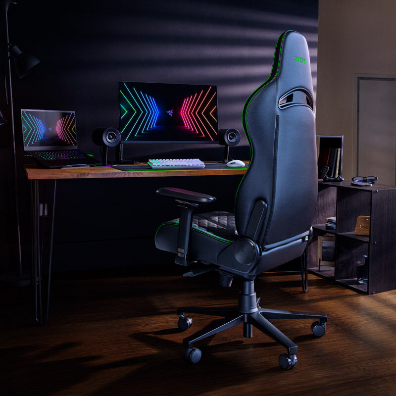 Razer Enki gamingstol svart grønn 4D-armlener sett fra siden