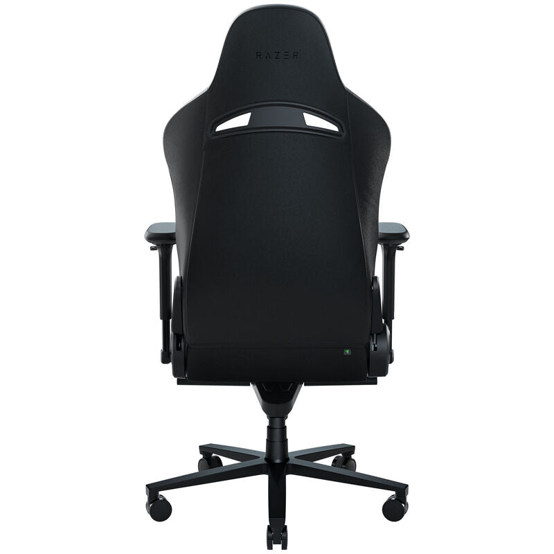 Nærbilde av stoff og kunstleder på Razer Enki gamingstol svart