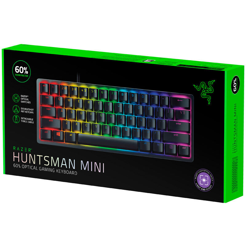 Razer Huntsman Mini 60 % gamingtastatur Clicky Purple Optical svart bruk i gaming-setup
