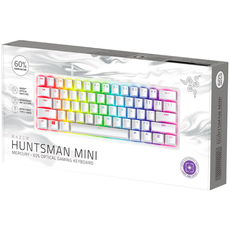 Sideprofil av Razer Huntsman Mini Mercury gamingtastatur 60 % optisk hvit
