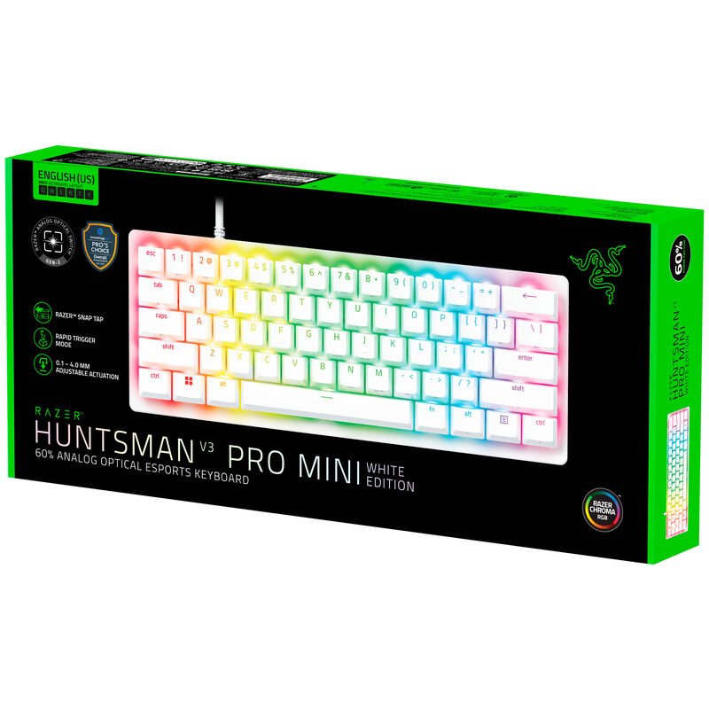 Montert Razer Huntsman V3 Pro Mini gamingtastatur 60% optisk hvit på skrivebord