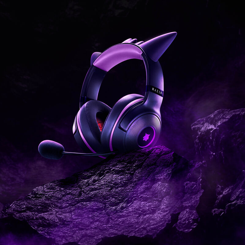 Razer Kraken Kitty V2 gamingheadset USB Chroma RGB Gengar Edition montert