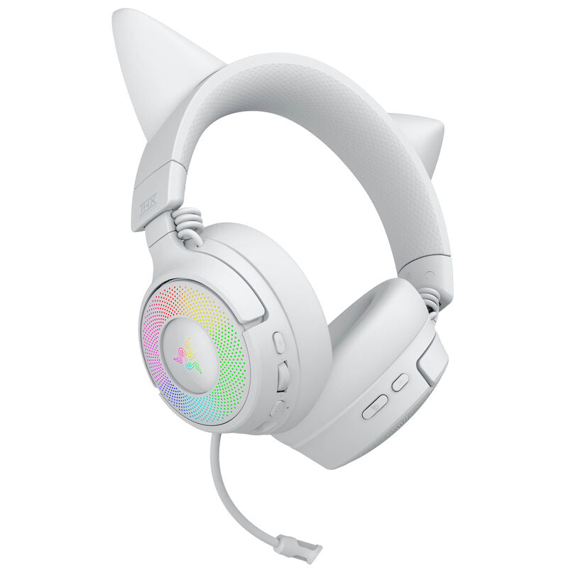 Detalj av RGB-belysning på Razer Kraken Kitty V3 Pro trådløs gamingheadset Chroma RGB hvit
