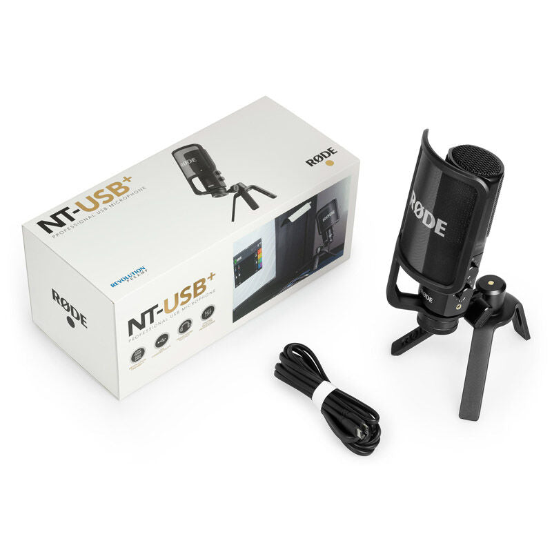 Nærbilde av kontroller på Rode NT-USB+ bordmikrofon USB-C studiokvalitet