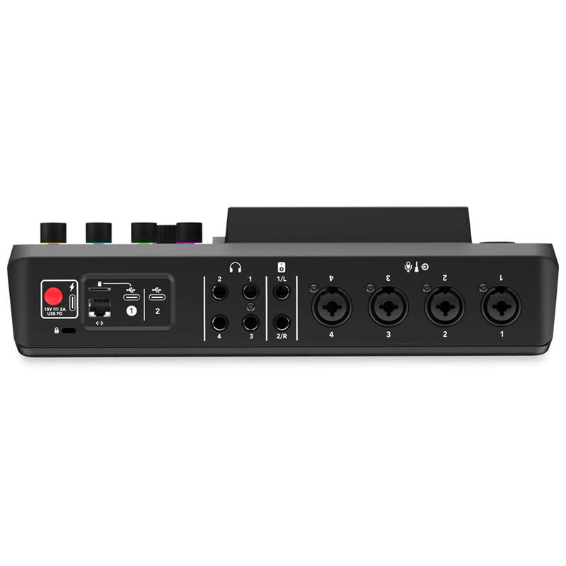 Nærbilde av Rode Rodecaster Pro II audioproduksjonsstudio svart fader