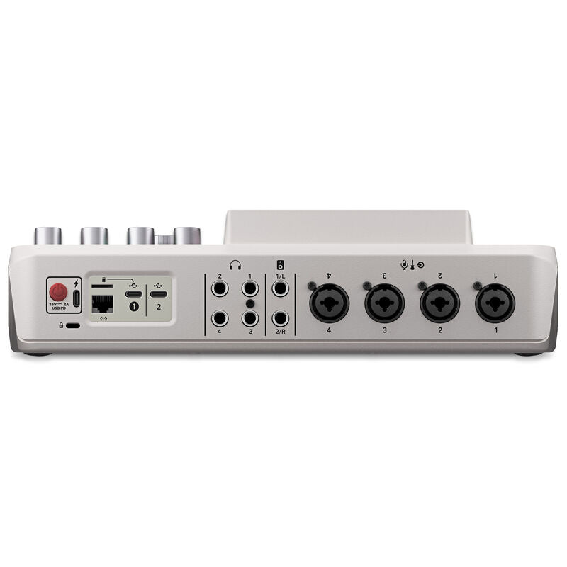 Detalj av kontrollpanel på Rode Rodecaster Pro II audioproduksjonsstudio hvit