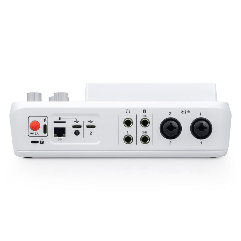 Detalj av kontrollpanel på Rode RodeCaster DUO audioproduksjonsstudio White Edition