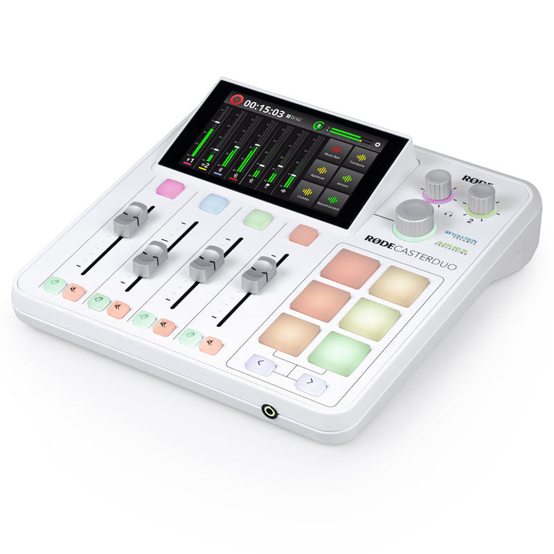 Forfra av Rode RodeCaster DUO audioproduksjonsstudio White Edition