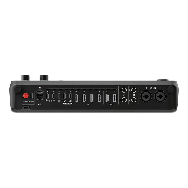 Nærbilde av kontrollpanel på Rode Rodecaster Video audio- og videoproduksjonsstudio svart