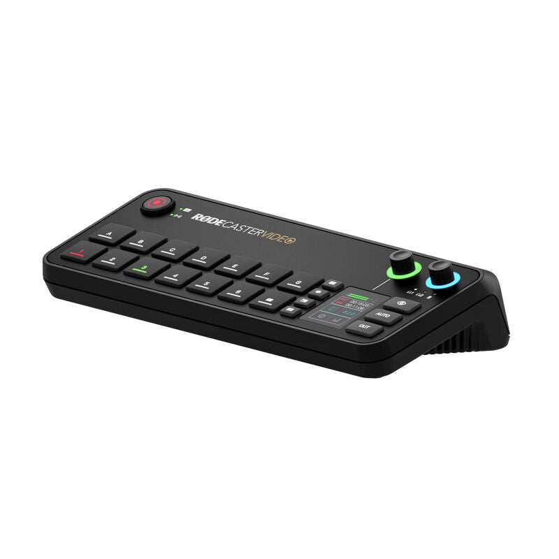 Detalj av tilkoblinger på Rode Rodecaster Video audio- og videoproduksjonsstudio svart