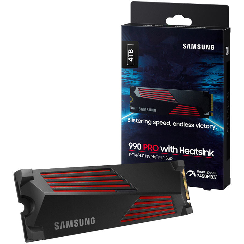 Samsung 990 PRO NVMe SSD 4 TB PCIe 4.0 M.2 med kjøleribbe forfra