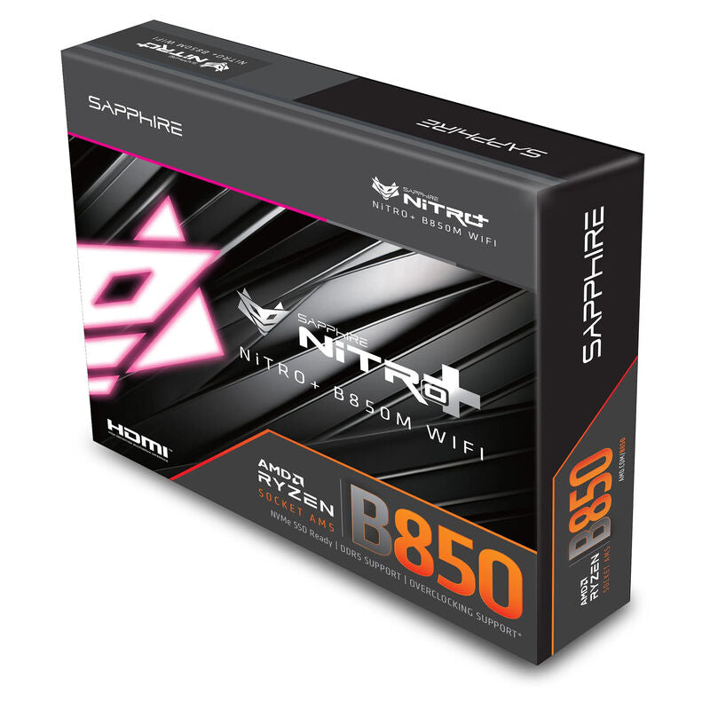 Sapphire Nitro+ B850M WiFi hovedkort med RGB-lys aktivert