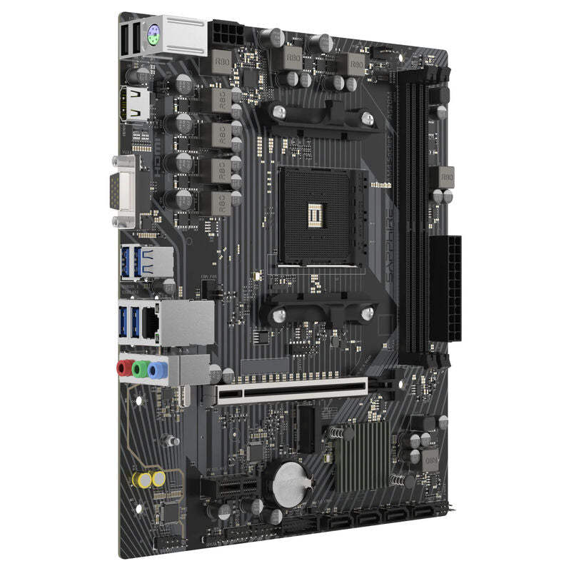 Montert Sapphire Pulse A520M-E hovedkort i PC-kabinett