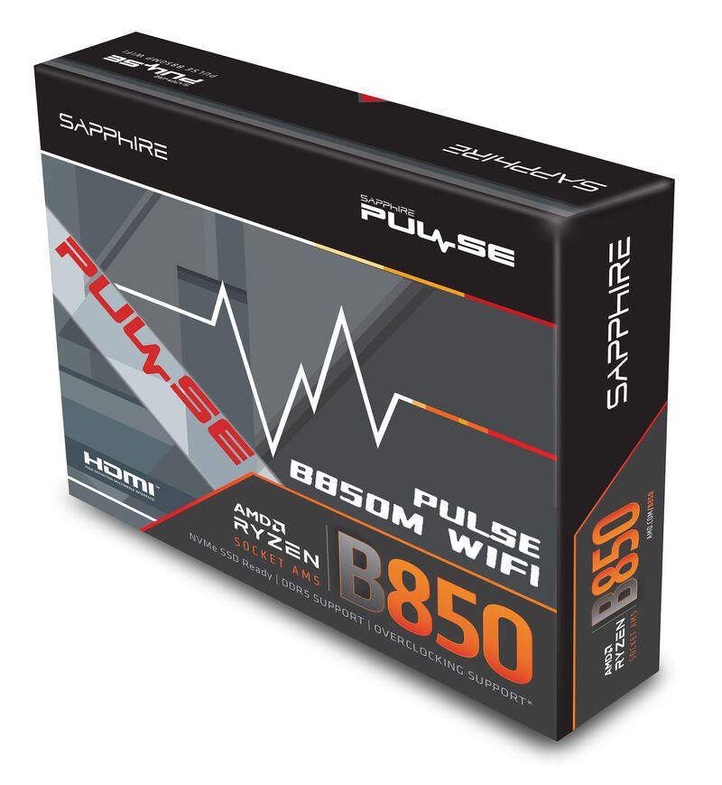 Nærbilde av Sapphire Pulse B850M WiFi hovedkort komponenter
