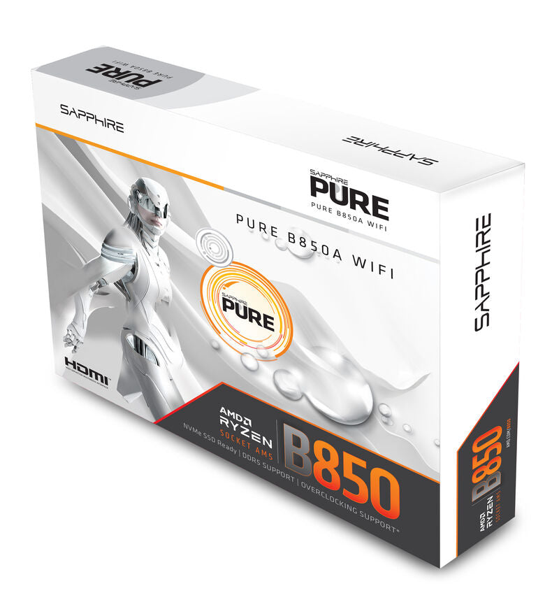 Nærbilde av Sapphire Pure B850A WiFi7 hovedkort komponenter