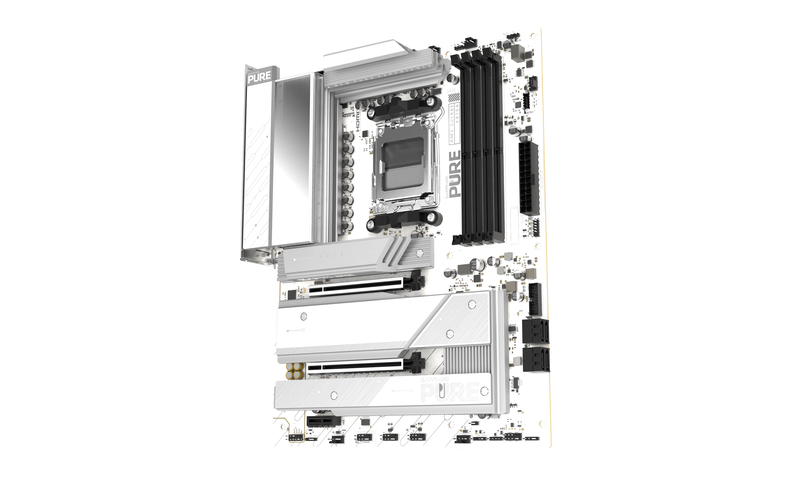 Nærbilde av DIMM DDR5-minnespor på Sapphire Pure X870A WiFi7