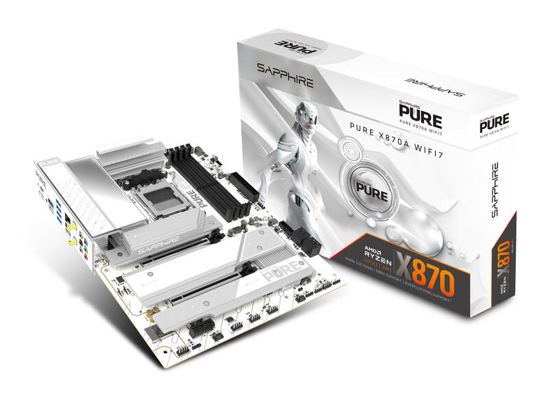 Sapphire Pure X870A WiFi7 hovedkort forfra hvit design