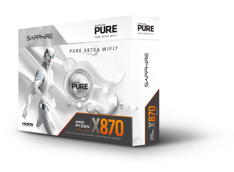 Sideprofil av Sapphire Pure X870A WiFi7 hovedkort med kjøleribber