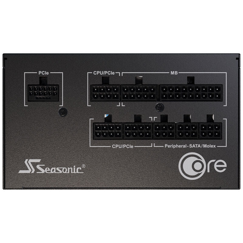 Nærbilde av tilkoblinger på Seasonic Core GX strømforsyning 850 W