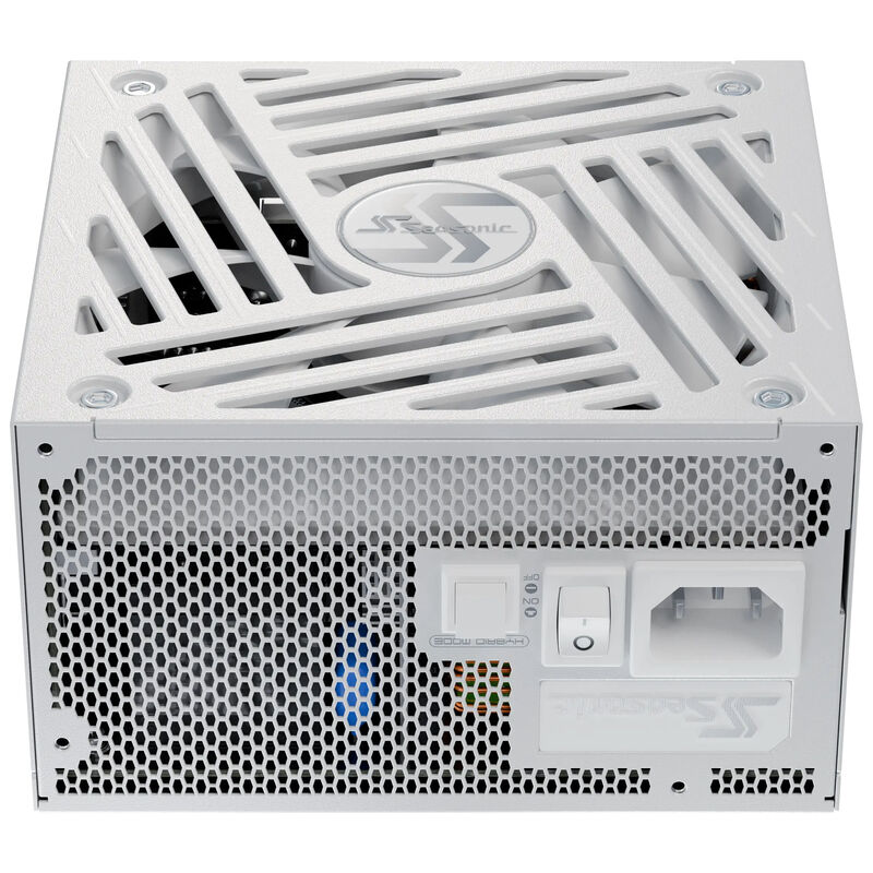 Nærbilde av tilkoblinger på Seasonic Focus GX strømforsyning 1000 W 80 PLUS Gold hvit