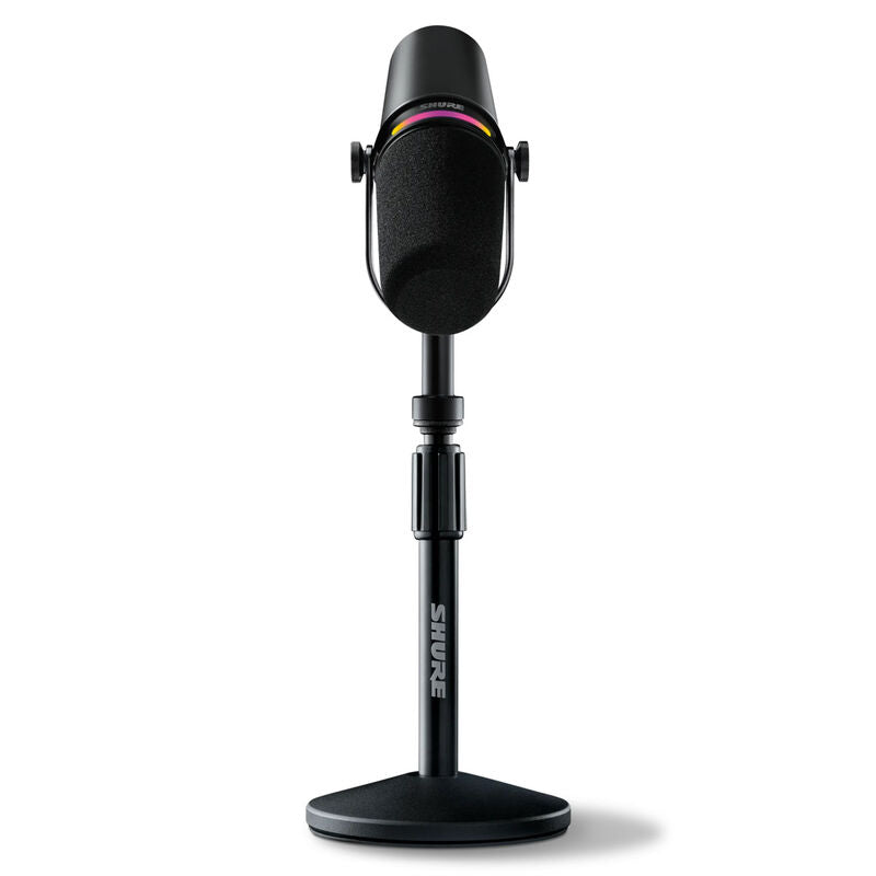 Detalj av LED-touchpanel på Shure MV7+ podcast mikrofon XLR/USB bundle svart med stativ