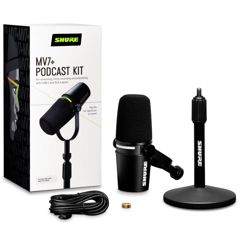 Shure MV7+ podcast mikrofon XLR/USB bundle svart med stativ med RGB-belysning aktivert