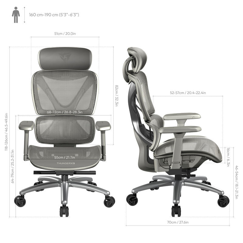 Sideprofil av ThunderX3 XTC ergonomisk kontorstol mørkegrå