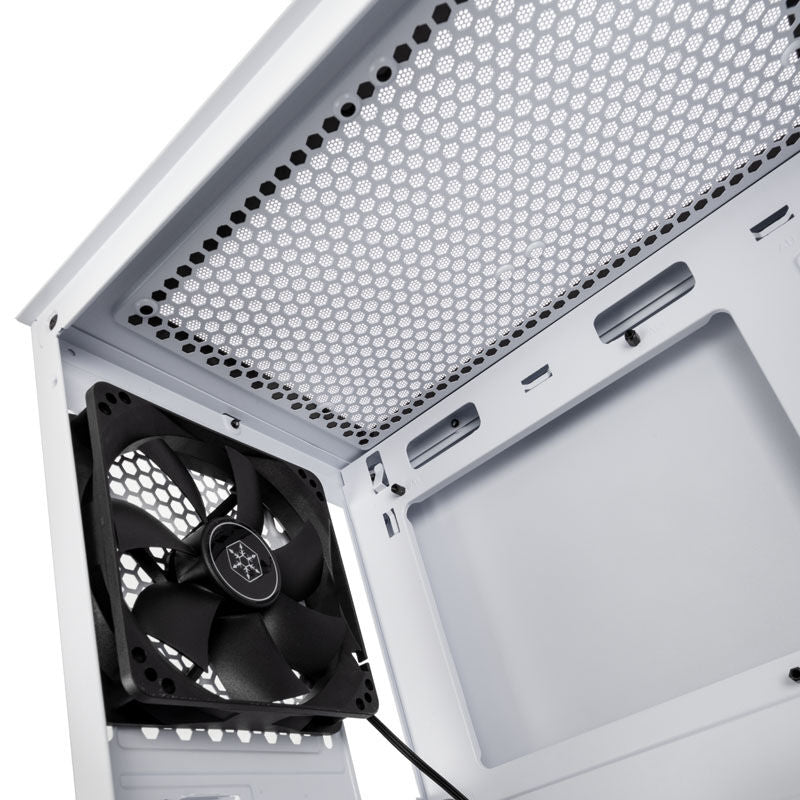 SilverStone Fara H1M kabinett Micro-ATX herdet glass hvit logo og merking