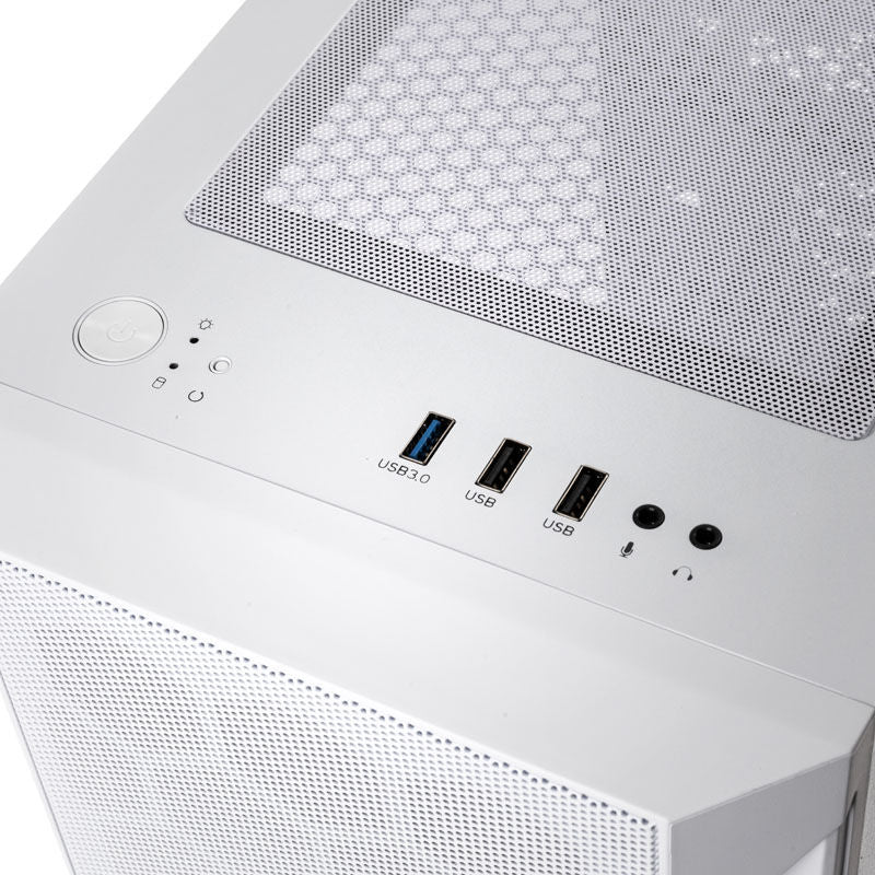 Nærbilde av herdet glass sidepanel på SilverStone Fara H1M Pro Micro-ATX kabinett
