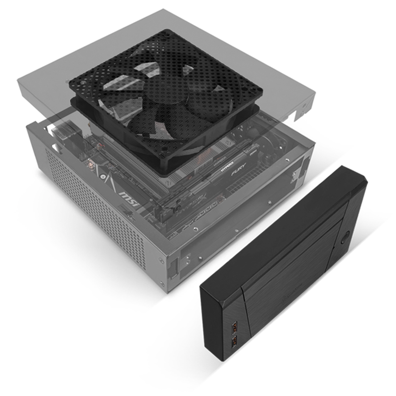 Nærbilde av USB 3.0 porter på SilverStone Milo 10 Mini-ITX minikabinett VESA svart