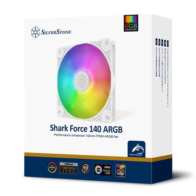 Oversikt av SilverStone Shark Force ARGB vifte 140 mm PWM hvit