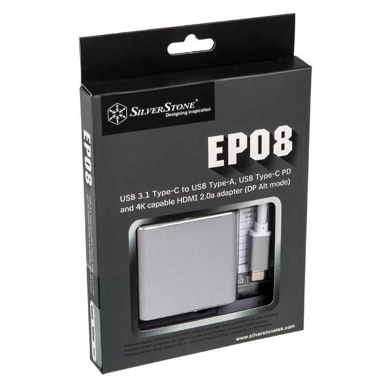 SilverStone SST-EP08C USB-C til HDMI/USB-A/USB-C adapter sølv montert