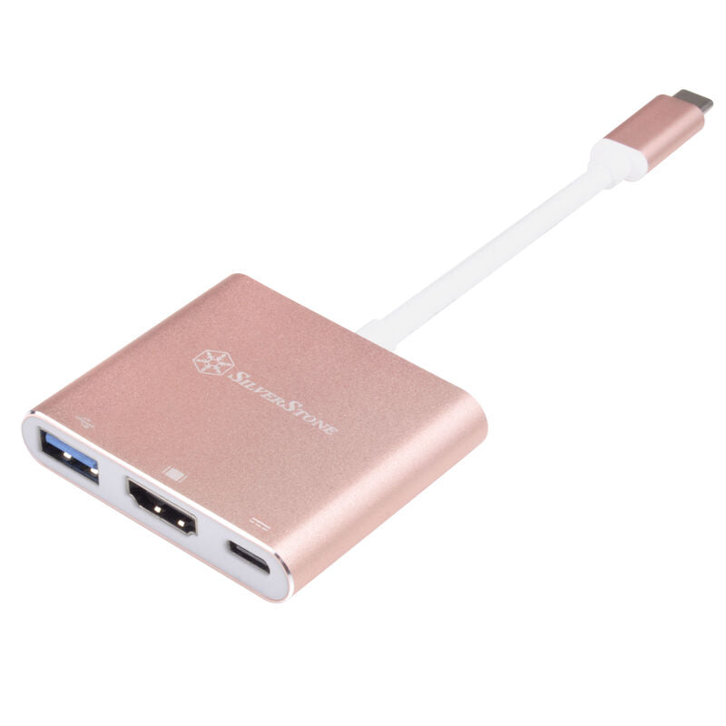 Nærbilde av porter på SilverStone SST-EP08P USB-C til HDMI USB-A USB-C adapter rosa