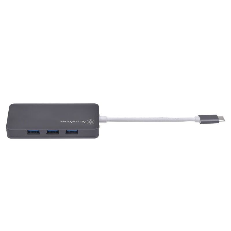 SilverStone SST-EP14C USB-C hub HDMI 3x USB-A USB-C montert på laptop