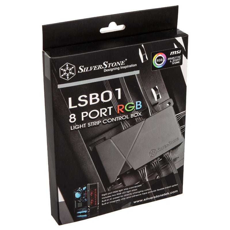 Oversikt over SilverStone SST-LSB01 RGB LED-hub med 2x LED-strip svart og tilbehør