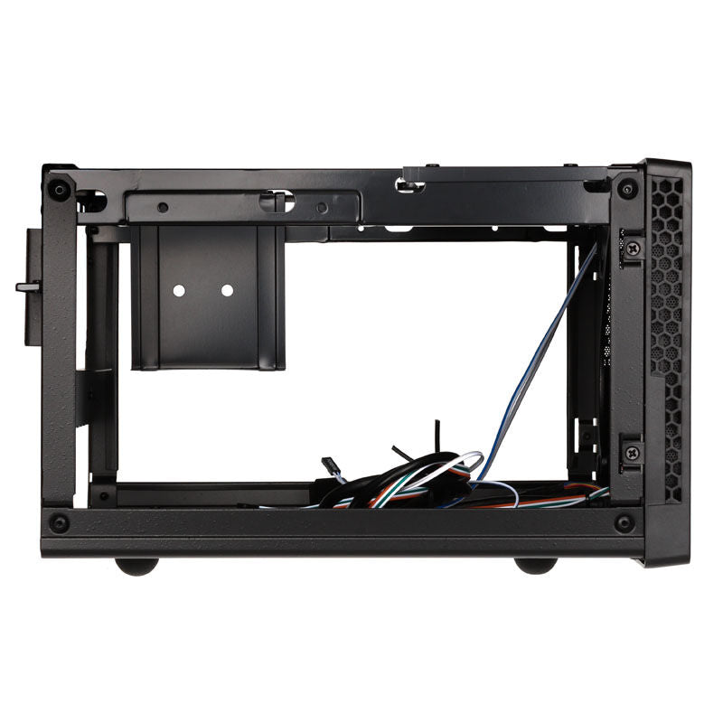 Detalj av frontpanel på SilverStone SST-SG13B-Q Sugo Mini-ITX kubekabinett svart
