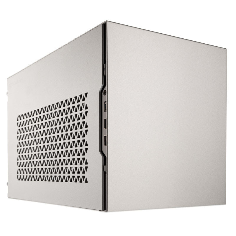 SilverStone Sugo SG15 Mini-ITX kabinett aluminium sølv nærbilde av frontpanel