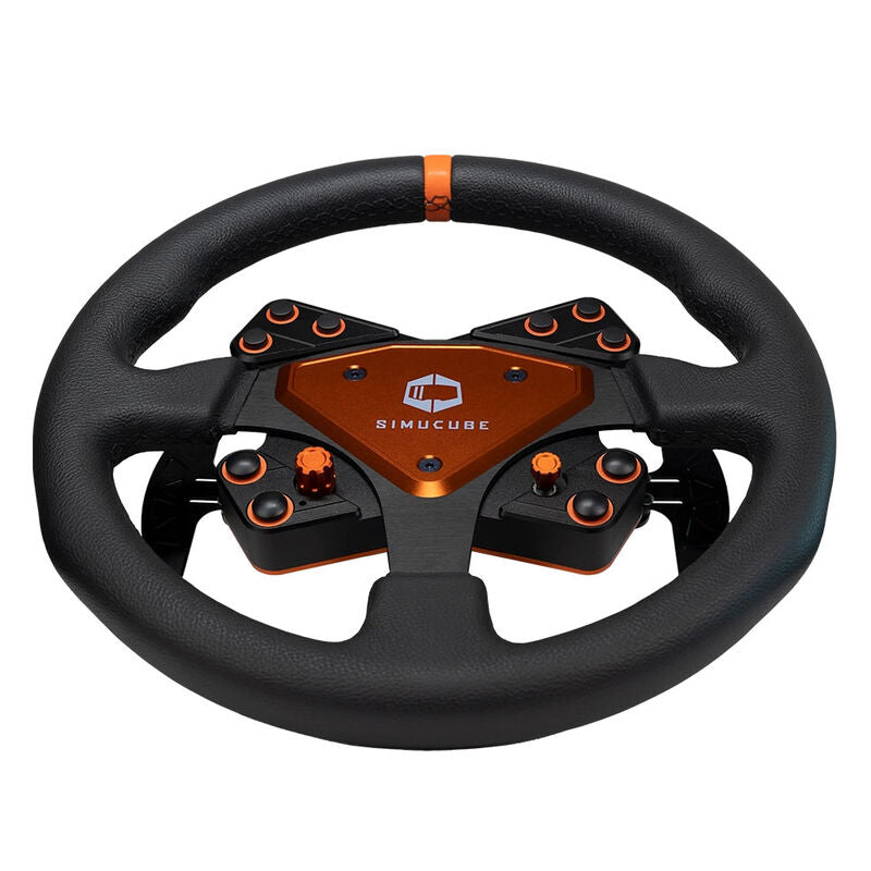 Detalj av knappene på Simucube Tahko Round sim-racing-ratt 320 mm oransje