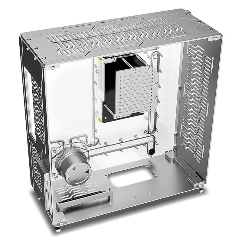 Nærbilde av CNC-frest aluminiumspanel i Singularity Wraith ITX/DTX kabinett sølv