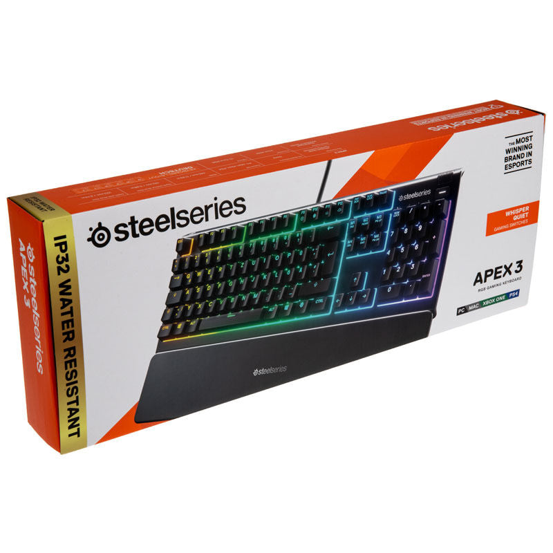 SteelSeries Apex 3 gamingtastatur RGB Whisper-Quiet svart uttrekkbare sklisikre føtter